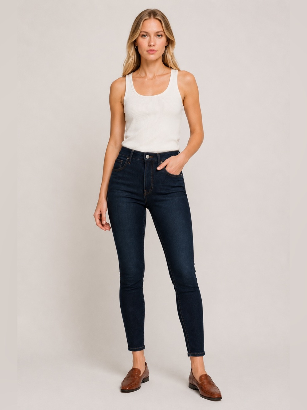 Everlane Authentic Stretch High Rise Skinny Jeans Size 27 Regular Dark Blue Wash